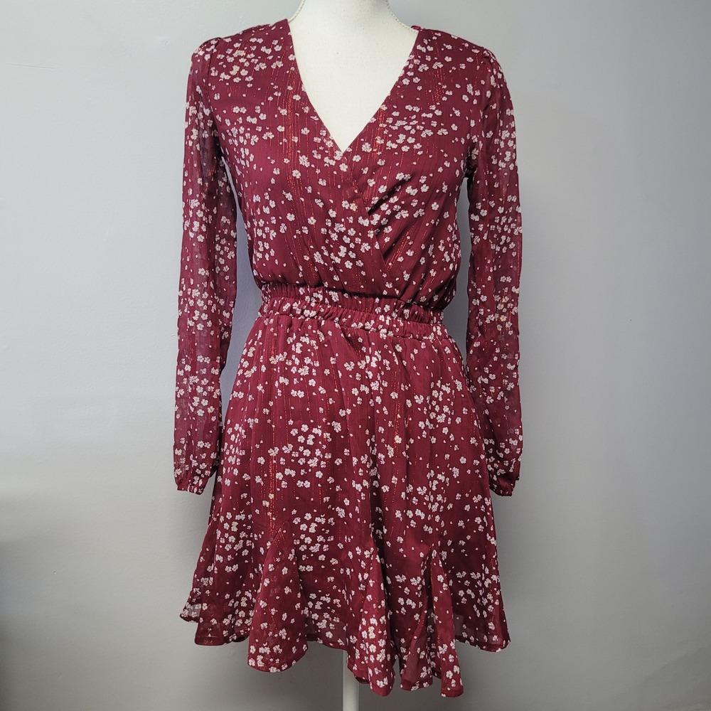 Francescas Burgundy Floral Long Sleeve Faux Wrap Mini Flowy Dress Gold Stripe